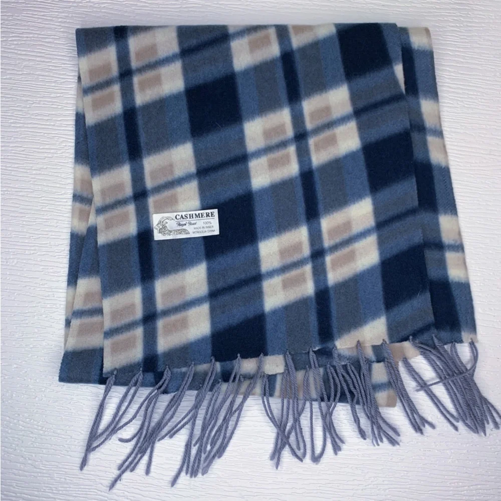 Royal Rossi 100% Mongolian Cashmere Plaid Scarf Fringe White Navy Blue Like New